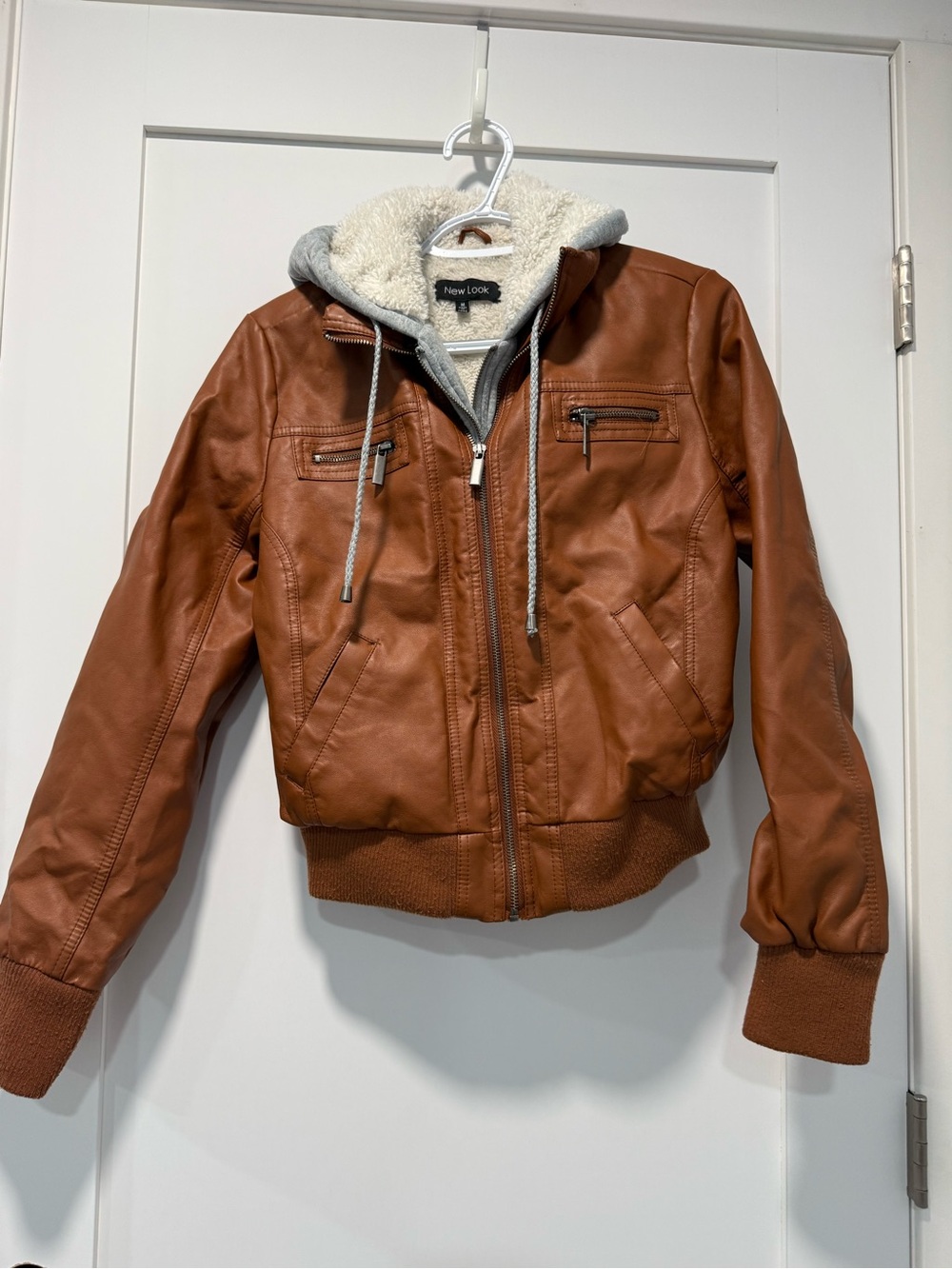 New Look Women's Brown Faux Leather Bomber Jacket with Hood